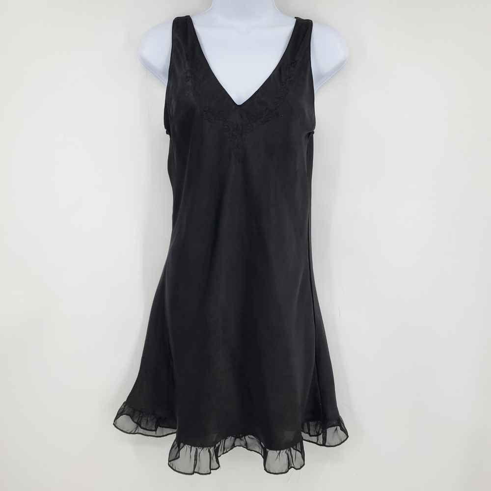 Vintage Inner Most Black Satin V-Neck Ruffle Hem Chemise Nightgown XS Dark Fairy
